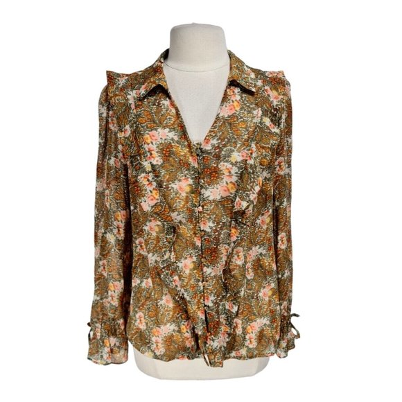 TTAHARI Womens Button Up Ruffle Top XL Floral Sheer Long Sleeve No Camisole 273A - Picture 1 of 7